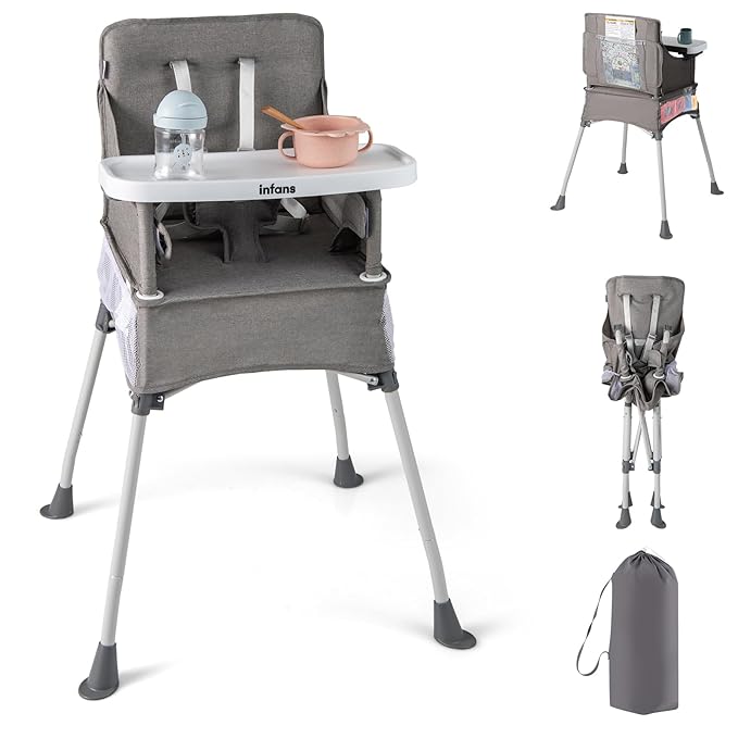 INFANS Baby High Chair, Foldable Portable Highchair for Babies and Toddlers with Travel Bag Adjustable Tray, 5 Point Harness, Compact Space Saver Infant Feeding Chair (Grey)
