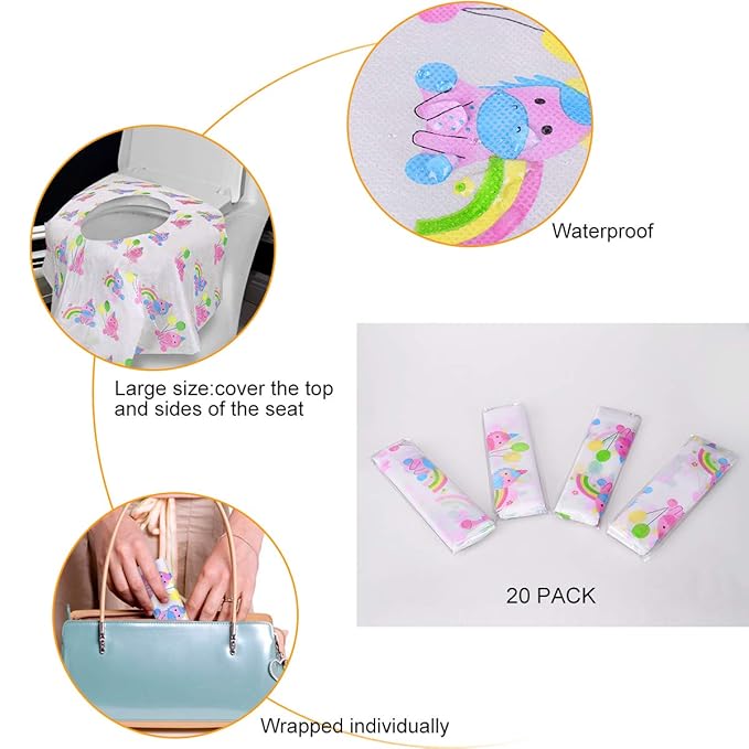PaperKiddo 20 Pack Disposable Toilet Seat Covers Pink Unicorn Design Waterproof Potty Training Seat Cover Set Extra Large Perfect for Kids and Adults Individually Wrapped for Travel and Home