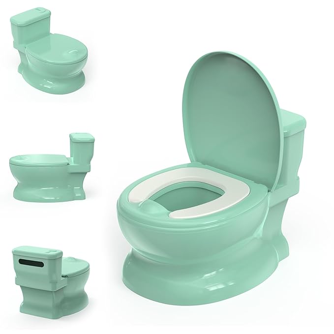 Realistic Potty Training Toilet - Flushing Sounds, Wipes Storage, Disposable Liners, Easy to Clean for Toddler Boys and Girls (Green)
