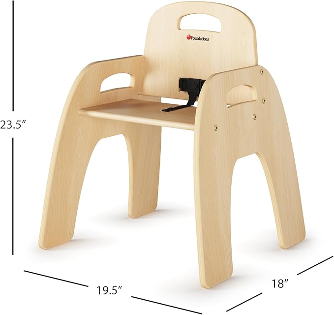 Foundations Simple Sitter 13” Low Wood Feeding Chairs, Wide No-Tip Base, Adjustable Safety Harness, Stackable Wood Toddler Chairs with Wipeable Finish, 2 Pack