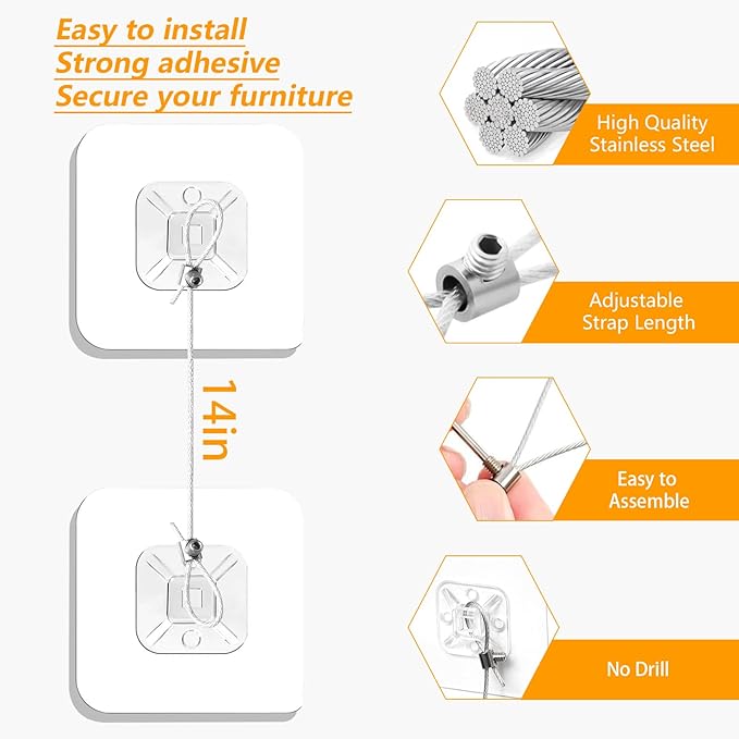 No Drill Metal Furniture Anchors (10 Packs) for Baby Proofing, 14" Adhesive Anti-Tip Furniture Wall Safety Straps for Child, Keep Toddlers & Pets Safe from Falling Furniture Like Dresser & Bookshelf