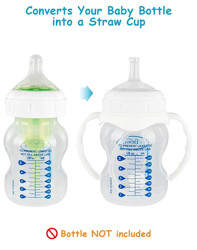 Sippy Straw Cup Conversion Kit for Dr Browns Wide-Neck Baby Bottles, Spill-Proof Transition Kit with Silicone Sippy Nipple, Weighted Straw, Handle, 4 Pack, 8m+