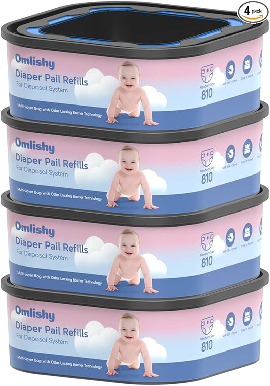 Jumbo Square Bags Refill Compatible with Diaper Genie Compact, Select Pails (Not Fit Classic), Max Odor Control, Disposal Bag Refills, Continuous Film, Holds Up to 810 Newborn Diapers, 4 Pack