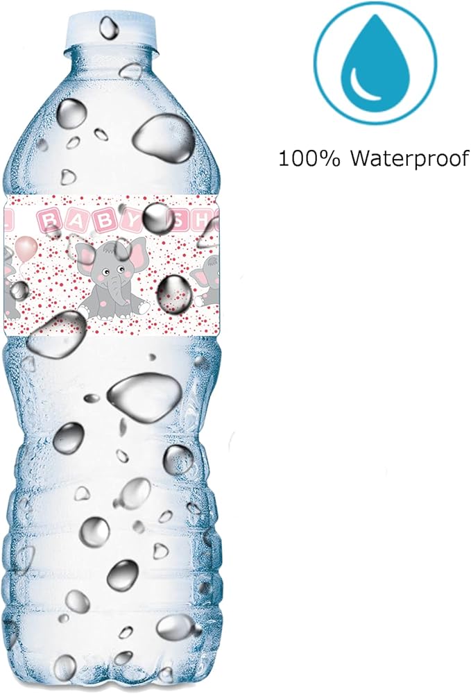 25 Pink Elephants Water Bottle Labels for Baby Shower Party ; Waterproof Water Bottle Wrappers; Its a Girl Water Bottle Stickers Labels Decorations. Made in USA