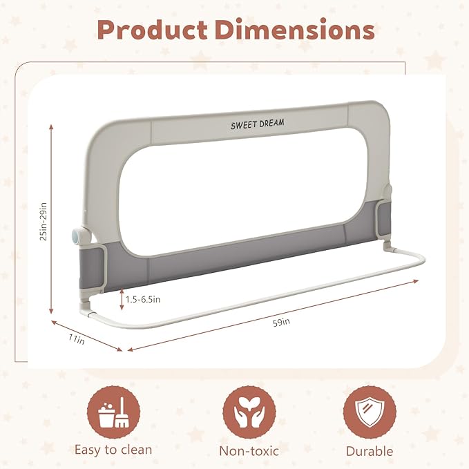 Bed Rail for Toddlers, 59in Folding Toddler Bed Rail Guard with Reinforced Anchor System & Sturdy Metal Frame, Portable Bed Railing for Baby Fits Crib,Twin, Queen & King Bed, Breathable Mesh
