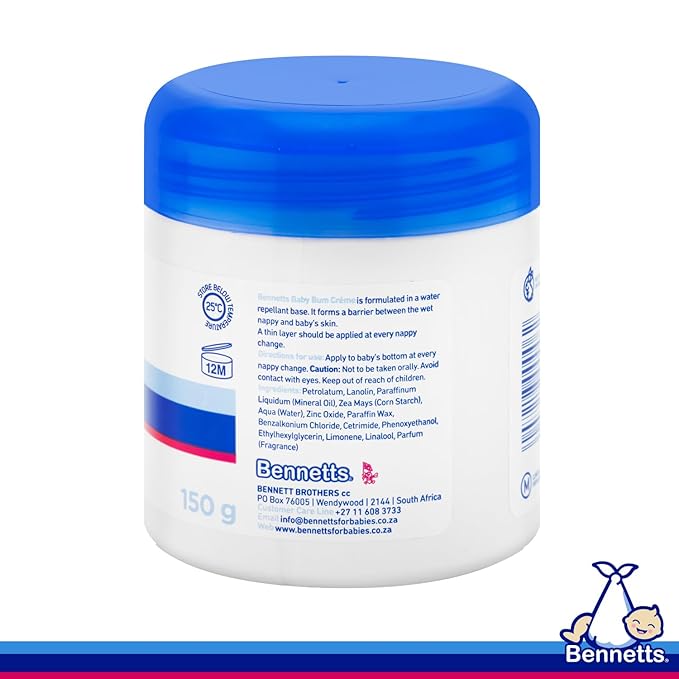 Bennetts Baby Bum Cream 150ml – Water-Repellent Diaper Barrier Cream for Newborns – Protects Against Nappy Rash & Redness