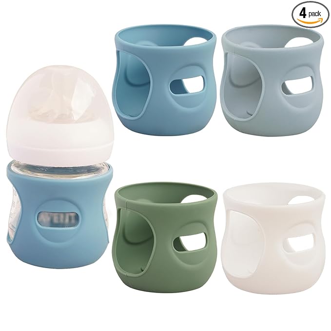 4 Pack Silicone Sleeves for Avent Natural Glass Baby Bottles, Anti Breakage Bottle Holder, Compatible with Philips Avent Glass Natural Baby Bottles (Blue+Gray+Green+White, 4 OZ)