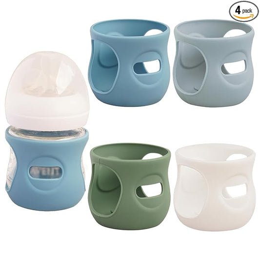4 Pack Silicone Sleeves for Avent Natural Glass Baby Bottles, Anti Breakage Bottle Holder, Compatible with Philips Avent Glass Natural Baby Bottles (Blue+Gray+Green+White, 4 OZ)