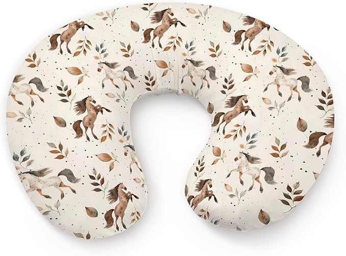 Watercolor Western Farm Animals Horse Leaves Pattern Nursing Pillow Cover, Unisex Removable Breastfeeding Pillowcase Slipcover for Baby Girls Boys Newborns Toddlers, Cover Only