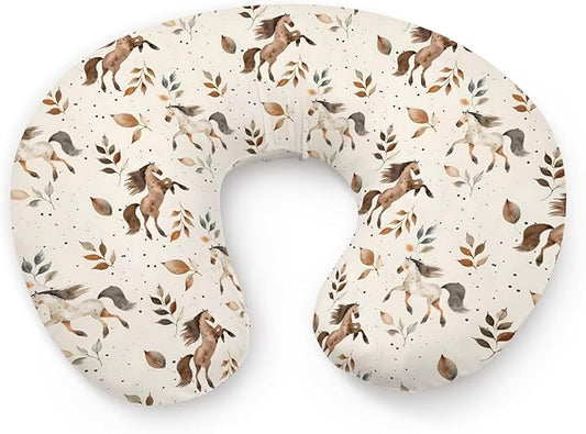 Watercolor Western Farm Animals Horse Leaves Pattern Nursing Pillow Cover, Unisex Removable Breastfeeding Pillowcase Slipcover for Baby Girls Boys Newborns Toddlers, Cover Only