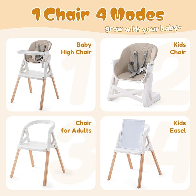 Baby High Chair, 4 in 1 Wooden Convertible High Chair for Babies and Toddlers with Erase Board, Highchair for Baby & Toddler, 5-Point Safety Belt & Waterproof PU Cushion (Beige)