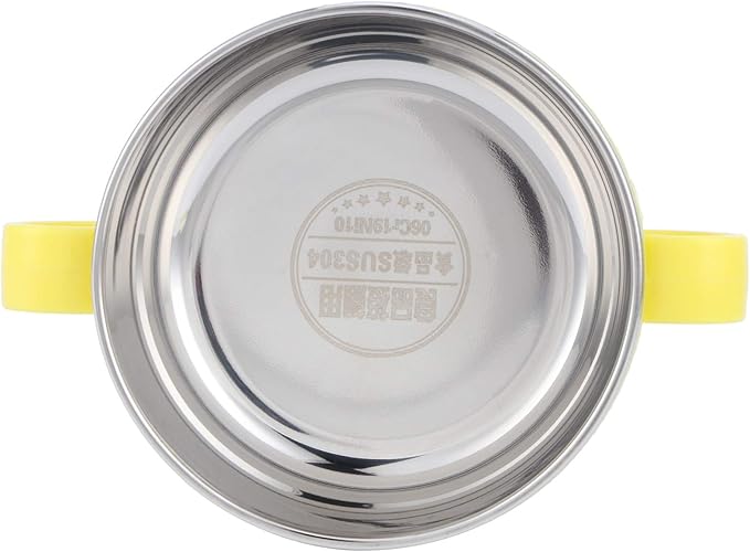 Zerodis 304 Stainless Steel Toddler Bowl with Double Layer Heat Insulation, Cartoon Design, Lid and Handles - Feeding Tableware (Yellow)