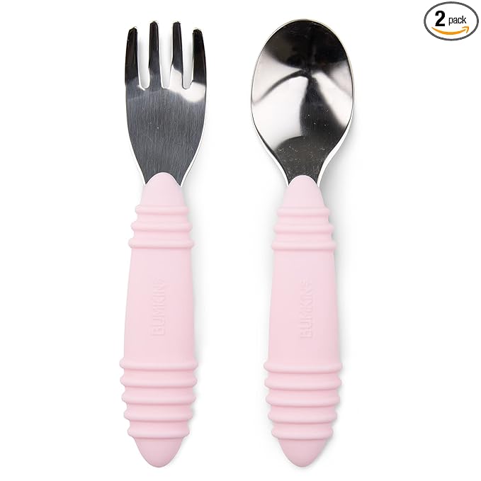 Bumkins Toddler Utensils, Kids Fork and Spoon Set, Silicone and Stainless-Steel Silverware, Angled Forks / Sporks for Self-Feeding, Children Training Flatware Cutlery for 18 Months Up, Pink