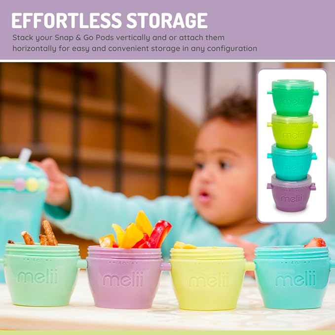 melii Snap & Go Baby Food Storage Containers | 8 Pack 4 oz, Stackable Freezer Containers with Airtight Lids, BPA-Free, Microwave Safe, Reusable Snack Cups for Meal Prep & On-the-Go