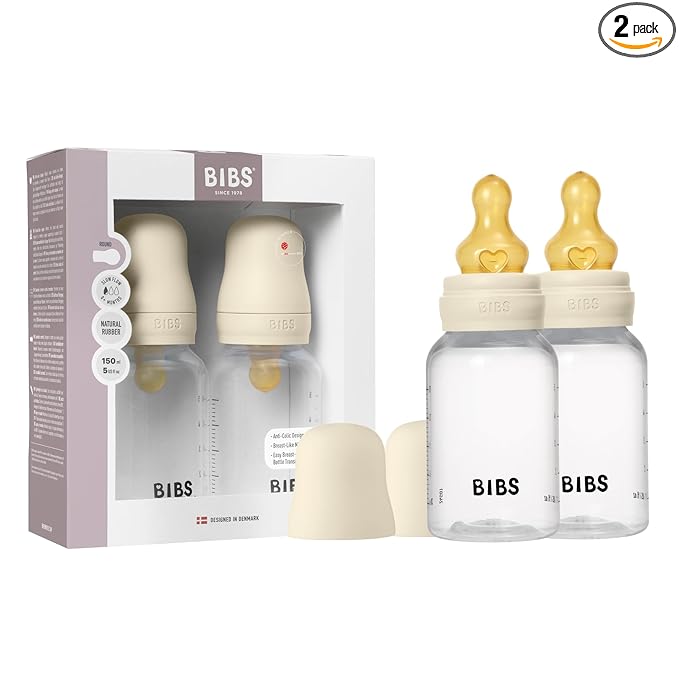 BIBS Baby Bottle 5 oz / 150 ml Natural Rubber Latex Nipple 2 Pack - Anti-Colic, BPA-Free, Round Nipple, Slow Flow, Lightweight & Easy to Clean, Suitable for Newborns 0+ Years - Ivory