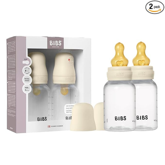 BIBS Baby Bottle 5 oz / 150 ml Natural Rubber Latex Nipple 2 Pack - Anti-Colic, BPA-Free, Round Nipple, Slow Flow, Lightweight & Easy to Clean, Suitable for Newborns 0+ Years - Ivory