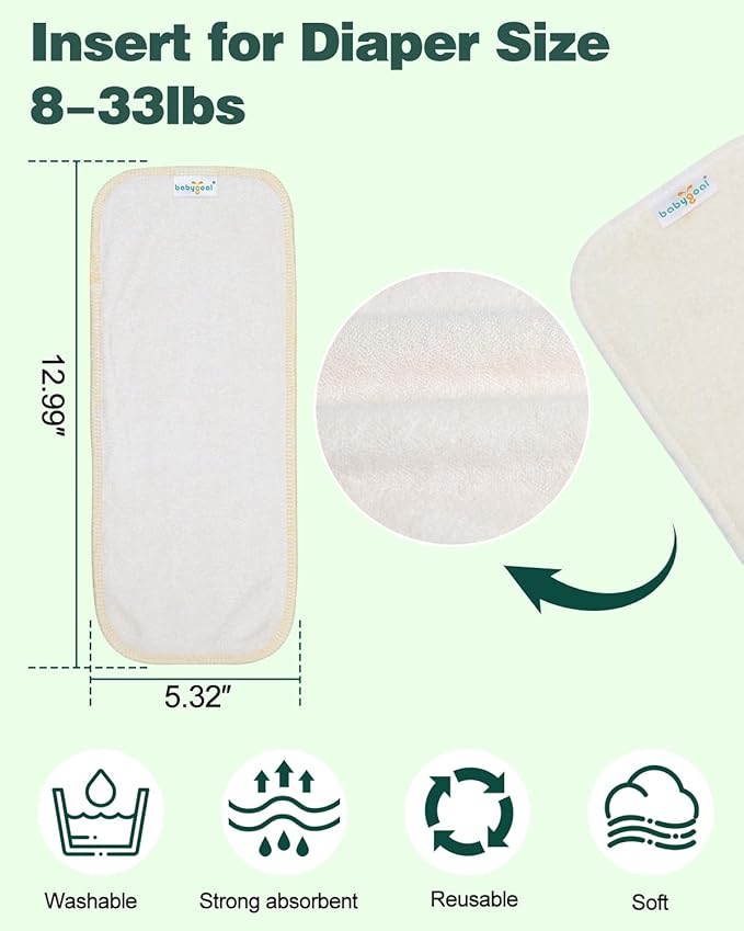Babygoal Baby Cloth Diaper Inserts 12pcs,Reusable 3 Layer Rayon from Bamboo Inserts for Cloth Diapers and Diaper Covers