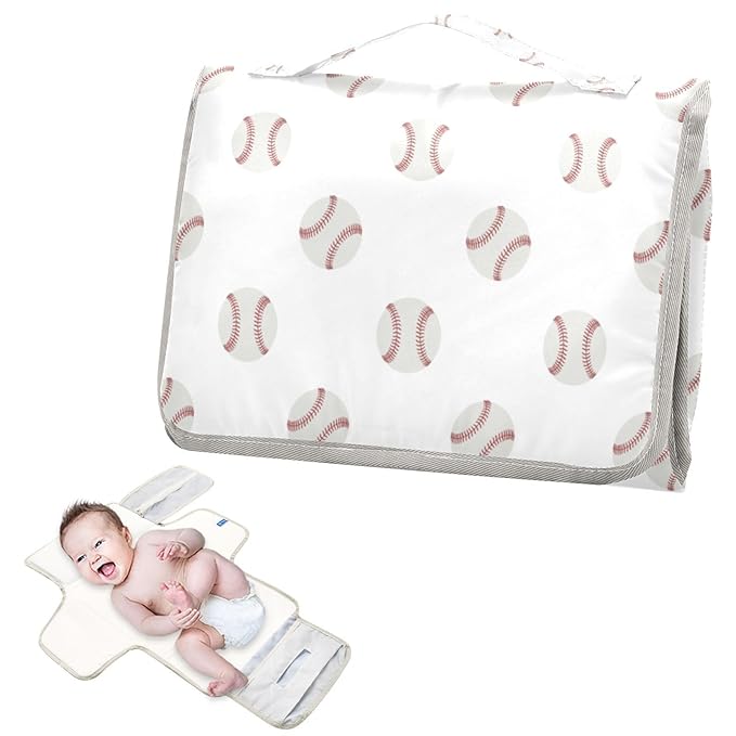 White Baseball Portable Diaper Changing Pad with Wipes Holder, Vintage Sport Foldable Baby Diaper Changer Travel Bag Cartoon Balls Baby Changing Mat with Built-in Pillow for Newborn