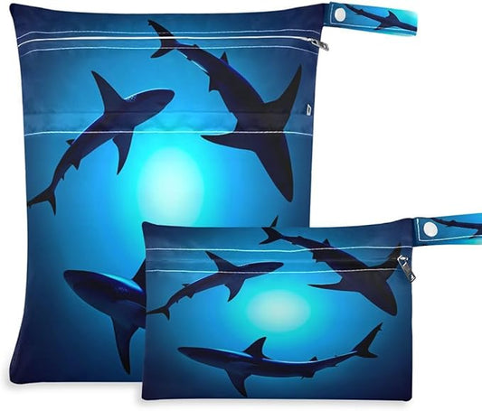 Qilmy 2pcs Sea Shark Wet Dry Bag Waterproof Reusable Baby Cloth Diaper Organizer for Travel, Beach, Stroller, Diapers, Swimsuits, Toiletries