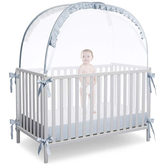 L RUNNZER Baby Crib Tent, Breathable Pop Up Crib Tent Canopy Keep Baby from Climbing Out, Crib Net to Keep Baby in with Auto-Lock Zipper(55.2" L x 27.6" W x 51.6" H)