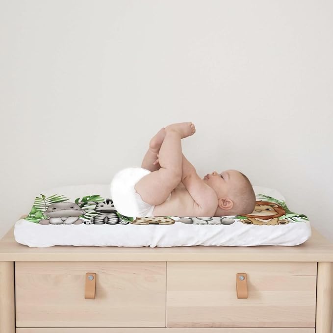 Cute Tropical Jungle Safari Animals Leaves Changing Pad Covers Lion Elephant Giraffe Zebra Hippo Baby Change Table Pad Cover for Boys Girls Soft Stretchy Changing Mat Sheets 32''x16''