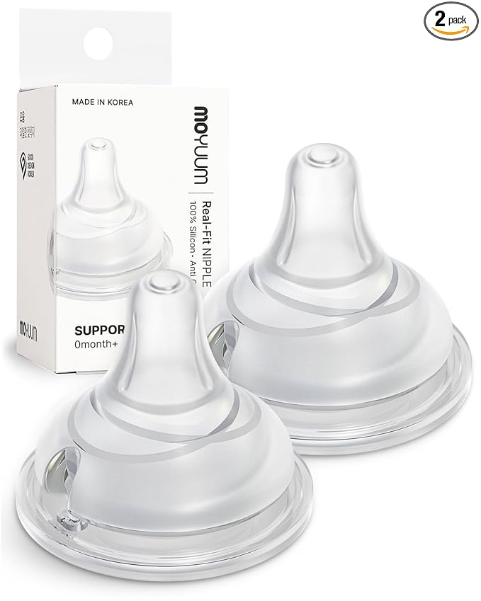 Moyuum Real-Fit Silicone Nipple for 3rd Gen Bottles, Made in Korea - Perfect for Newborn, Anti-Colic Feed, Easy to Latch, from Breast to Bottle | Support Stage 0, Extra Slow Flow, 0m+ (2 Pack)