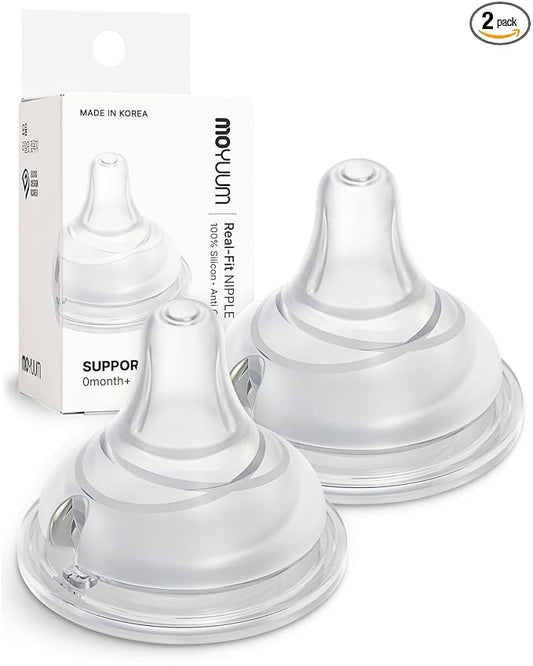 Moyuum Real-Fit Silicone Nipple for 3rd Gen Bottles, Made in Korea - Perfect for Newborn, Anti-Colic Feed, Easy to Latch, from Breast to Bottle | Support Stage 0, Extra Slow Flow, 0m+ (2 Pack)