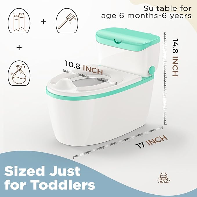 3-in-1 Toddler Potty Training Toilet with Flushing Sound, Wipes Storage & Toilet Paper Holder, Realistic Potty Chair with Detachable Seat and Easy-Clean Design for Boys & Girls Ages 18+ Months (Green)
