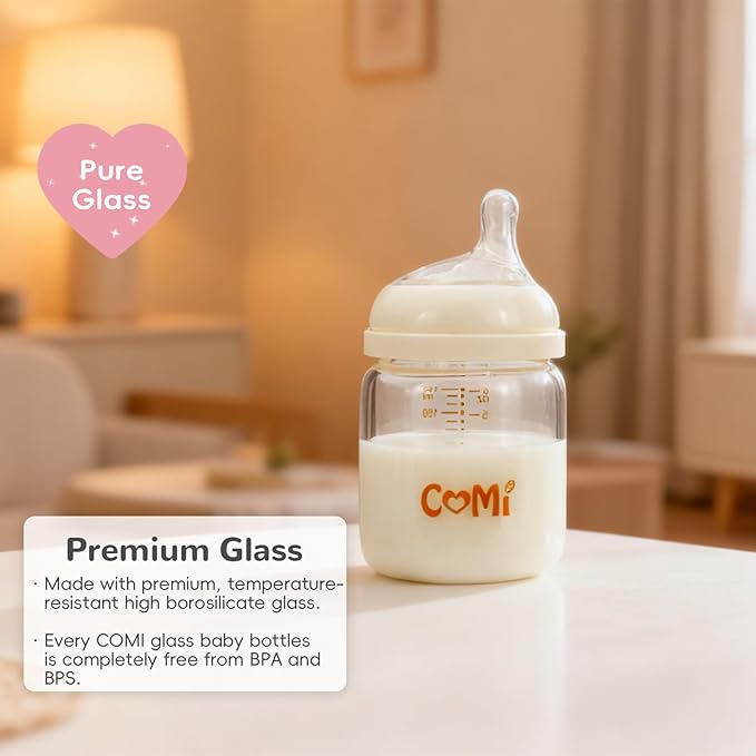 COMI Natural Glass Baby Bottles for Breastfeeding Babies,Newborn Anti-Colic Baby Bottle Set with Slow Flow Nipple,0-3 Months,BPA-Free,6 oz,1 Pack