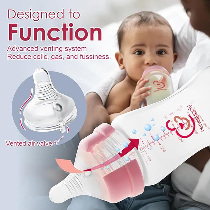 Nenesupply Natural Baby Bottles Newborn Feeding Bottles Slow Flow Breastfeeding Bottle for Breastfed Babies Wide Neck 9oz Anti Colic Level 2 Nipple for 1+ Month Infant Replace Spectra Bottle Pumping