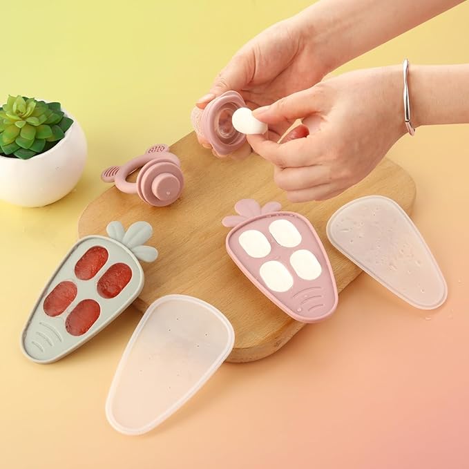 PandaEar 2 Pack Baby Food Freezer Tray with Lid, Silicone Nibble Freezer Tray, Breastmilk Popsicle Mold, Baby Food Storage Container, Carrot Design, BPA Free