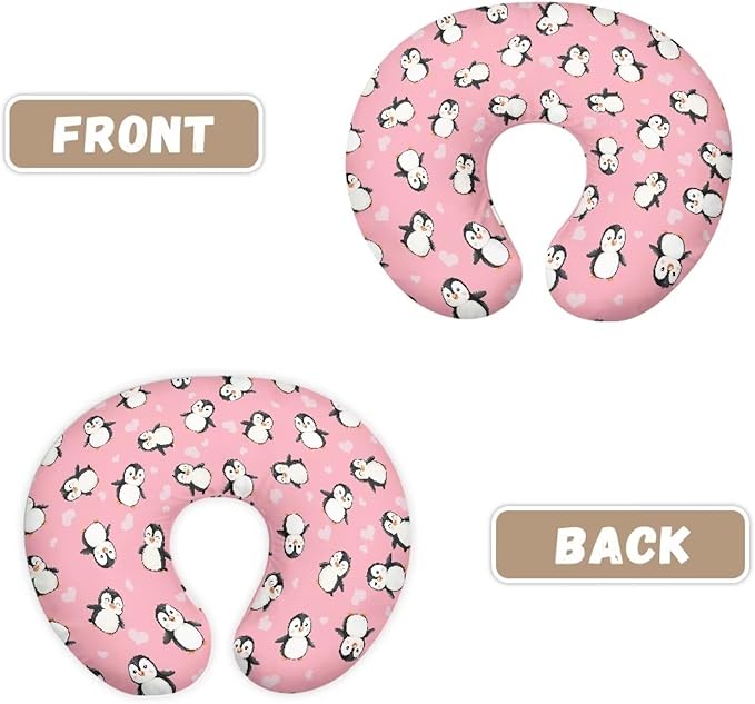 Pink Cartoon Penguin Nursing Pillow Covers Breastfeeding Pillow Slipcover for Newborn Soft Nursing Pillow Case Skin-Friendly U-Shaped Hidden Zipper Design