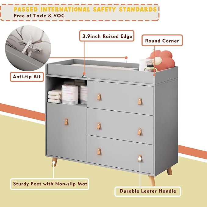Changing Table Dresser, Baby Nursery Dresser with 3 Drawers and Shelf, Top Guardrail and Large Storage Cabinet, Hidden Trash Storage, Baby Changing Dressers for Nursery Room, Gray