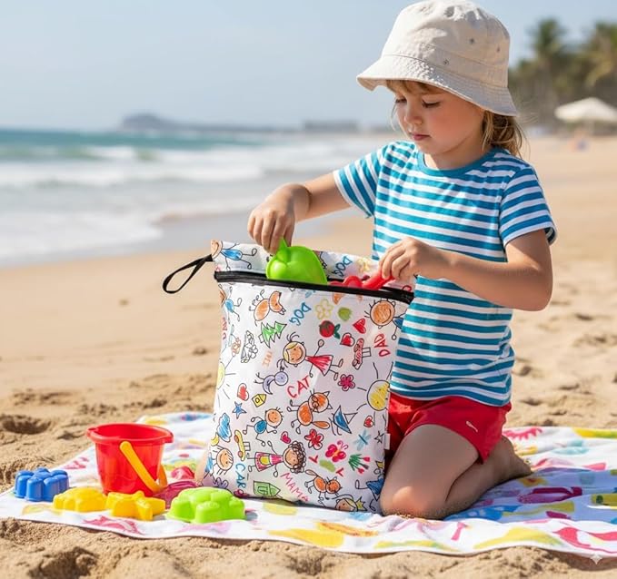 Extra Large Wet Bag, Reusable Waterproof Wet Dry Bag for Swimwear, Cloth Diapers & Travel, Leak-Resistant Fabric with Hanging Loop, 16.93 x 18.11 in (Family)