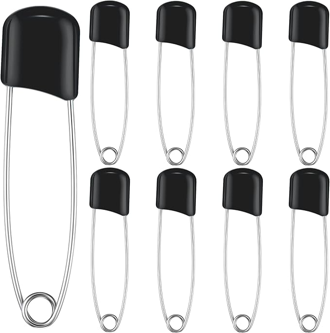 WILLBOND 8 Pcs Safety Pins 2.2 Inch Plastic Head Cloth Pins with Locking Closures Stainless Steel with Velvet Bag, Black