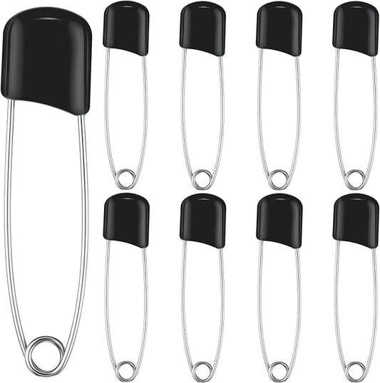 WILLBOND 8 Pcs Safety Pins 2.2 Inch Plastic Head Cloth Pins with Locking Closures Stainless Steel with Velvet Bag, Black