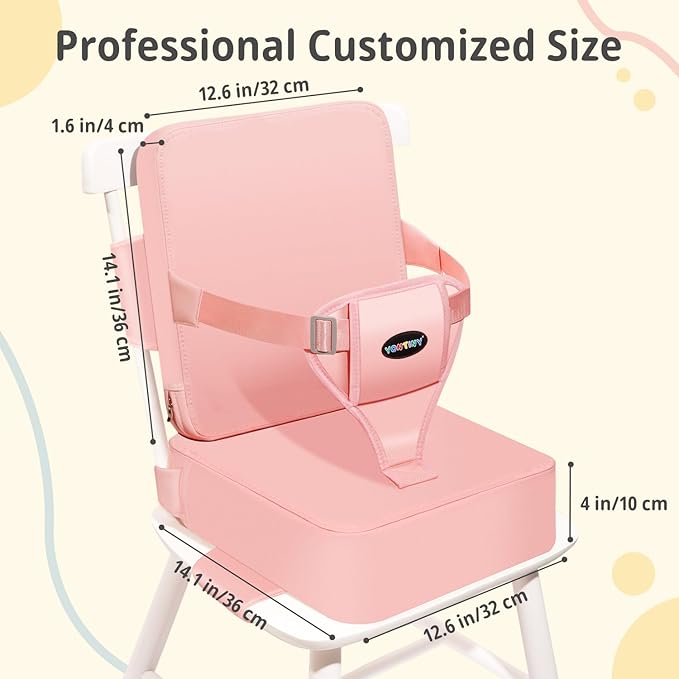 Toddler Booster Seat for Kitchen Chair with Removable Backrest & Adjustable Straps, PU Portable Waterproof & Non-Slip Booster Seat for Dining Table, Travel Child Eating Cushion - Pink