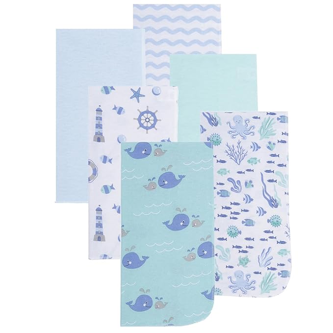 EVERYDAY KIDS 12 Pack Burp Cloths for Baby Boy; Newborn Essential with - Large Absorbent Cotton Flannel Blue/Teal Burping Cloths for Babies with Ocean, Sea Shells, Sailboats and Fish Prints and Solids