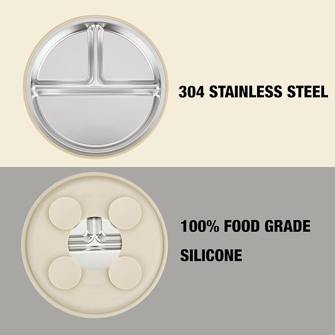 PandaEar 2 Pack Stainless Steel Baby Suction Plates & 2 Pack Spoons and Forks Set, Toddler Utensils Baby Feeding Set, Divided Plates for Baby Led Weaning Supplies, BPA-Free (Tan/Walnut)