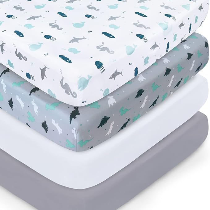 Crib Sheets for Boys or Girls 4 Pack, Baby Crib Sheets 52'' x 28'' for Standard Crib & Toddler Mattress, Soft and Breathable Material, Baby Crib Sheet Neutral, Grey Dinosaurs & Ocean