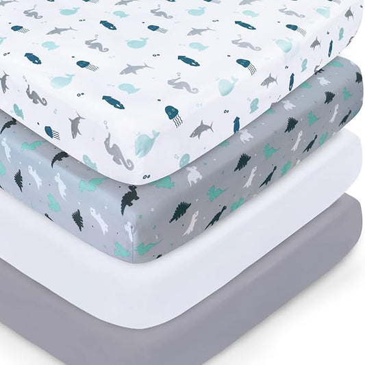 Crib Sheets for Boys or Girls 4 Pack, Baby Crib Sheets 52'' x 28'' for Standard Crib & Toddler Mattress, Soft and Breathable Material, Baby Crib Sheet Neutral, Grey Dinosaurs & Ocean
