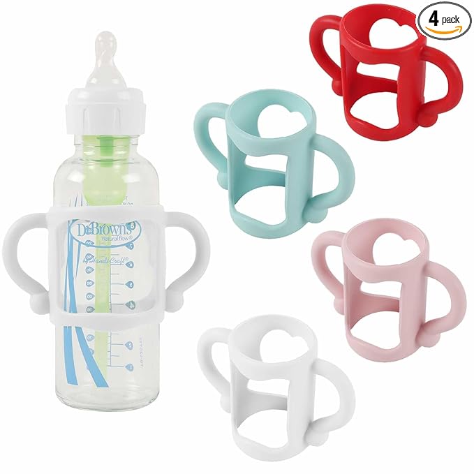 TonGass (4-Pack) Bottle Handles for Dr Brown Narrow Baby Bottles with Easy Grip Handles to Hold Their Own Bottle - BPA-Free Soft Silicone - Red Blue Pink and White