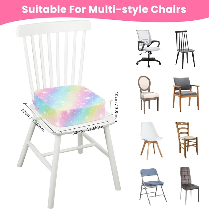 Toddler Booster Seat for Dining Table Kitchen Chair, Kids Booster Seat with Non-Slip Bottom and Adjustable Straps, 4" Detachable Washable Portable Travel Increasing Cushion (Rainbow)