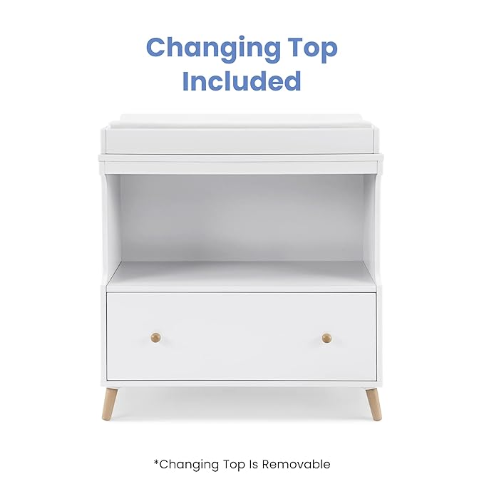Delta Children Essex Convertible Changing Table with Drawer, Bianca White/Natural