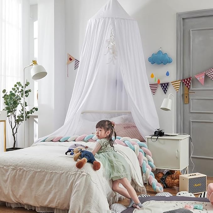 Bunnikins & Clover Bed Canopy for Girls Boys Bedroom Decor, Round Dome Mosquito Net for Baby Crib, Nook Castle Game Tent Nursery Decoration for Child, Play or Reading (White)