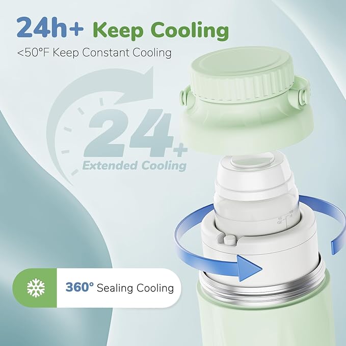 22oz Portable Breast Milk Cooler Bottle-Milk Cooler for Outdoor Travel, Keeps Fresh Cooling for 24+ Hours,Breastfeeding Essentials with 2pcs Bottle for Breastmilk Storage (Mint-Green)
