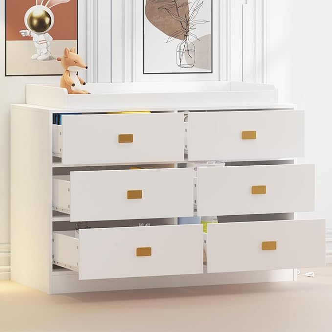 GarveeHome Dresser for Bedroom with 6 Drawers, Changing Table Dresser with Power Outlets, Soft Changing Pad & Removable Top, Baby Dresser with Changing Table Top for Nursery, White