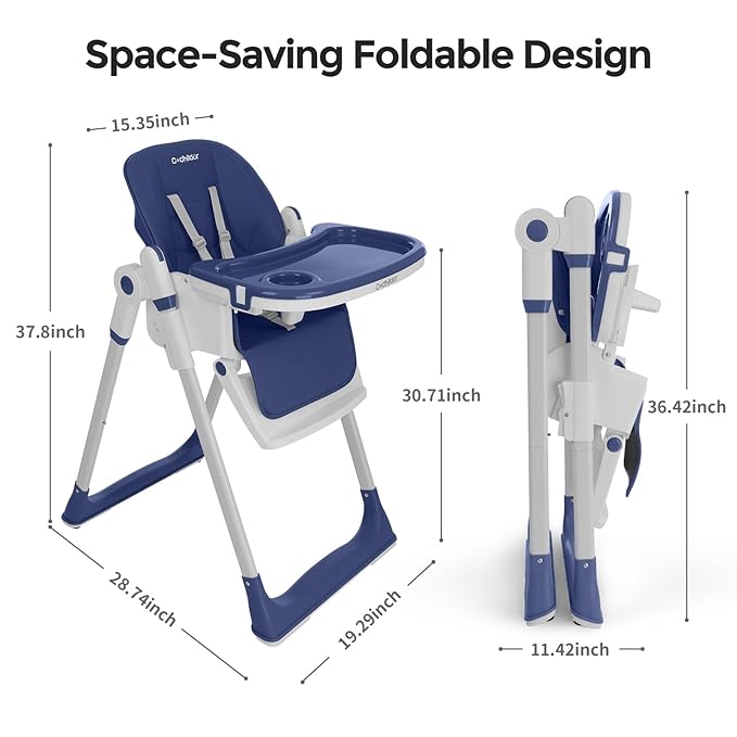 Cochildor 3-in-1 Foldable High Chair for Babies & Toddlers – Adjustable Height, Reclining Seat, 5-Point Safety Harness, Removable Tray, Lockable Wheels, Washable Cushion – Portable & Easy Clean, Blue
