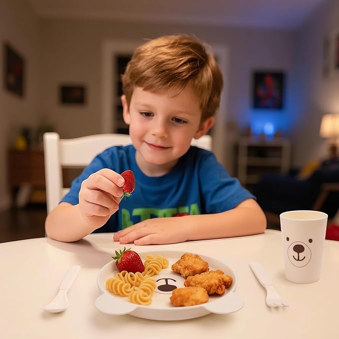 Dinnerware Set for Kids - 5-Piece Polar Bear-Themed Includes Plate, Bowl, Cup & Utensils | BPA-Free, Microwave & Dishwasher Safe | Ideal Gift for Boys (White - Polar Bear)