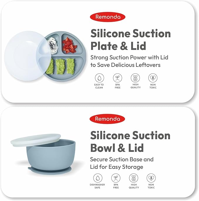 Remonda 23-Piece BPA-Free Silicone Baby Feeding Set | Extra Large Suction Plates, Toddler Bowls, Self Feeding Spoons, and More | Dishwasher Safe| Baby Led Weaning Supplies (Blue) A1